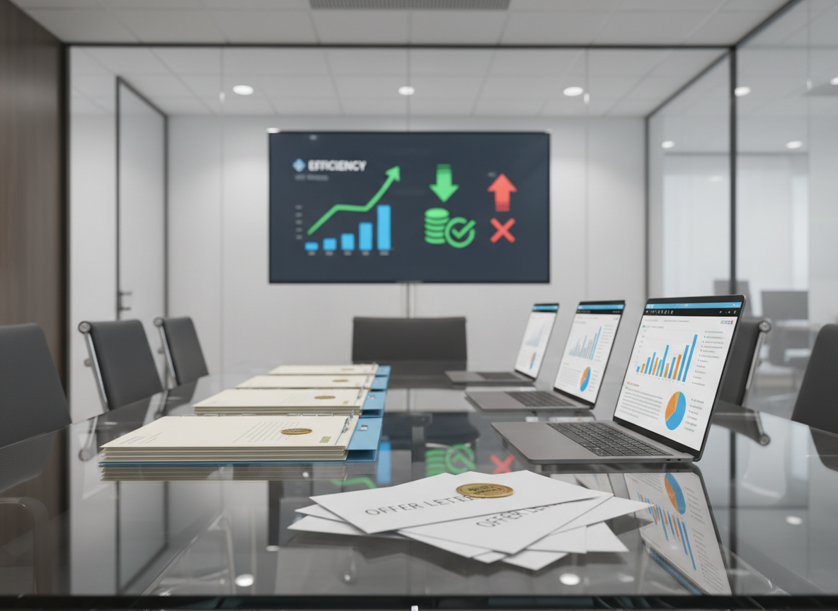 A sleek, glass-walled conference room table presented as a strategic hiring command center, covered with neatly organized candidate profile folders, color-coded analytics dashboards on slim laptops, and a tidy stack of offer letters. In the background, a large digital display shows a clear, upward-trending efficiency graph and a bold comparison of reduced hiring costs using simple icons instead of text. Soft, even office lighting reflects gently off the polished tabletop, creating a professional, trustworthy atmosphere. Photographic realism at eye level, with a shallow depth of field that keeps the main table items in crisp focus while the high-tech background softly blurs, conveying efficiency, precision, and cost-effective recruiting success.