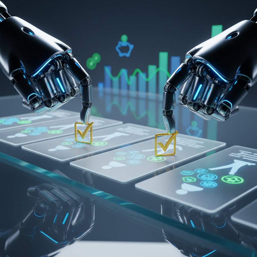 A close-up, photographic-real image of two well-defined, mechanical "hands" of a sleek robotic arm placing golden checkmark tokens onto a row of glowing candidate profile cards displayed on a transparent glass surface. Each card shows abstract silhouettes and qualification icons rather than faces or text, symbolizing highly qualified talent. In the softly blurred background, ghosted bar charts and piggy bank symbols float, suggesting significant cost savings. Cool, focused studio lighting creates sharp reflections and a crisp, high-tech mood. Captured from a dramatic side angle with strong depth, the composition conveys automated efficiency, precision selection, and the idea that all the hard recruiting work is handled for the client.
