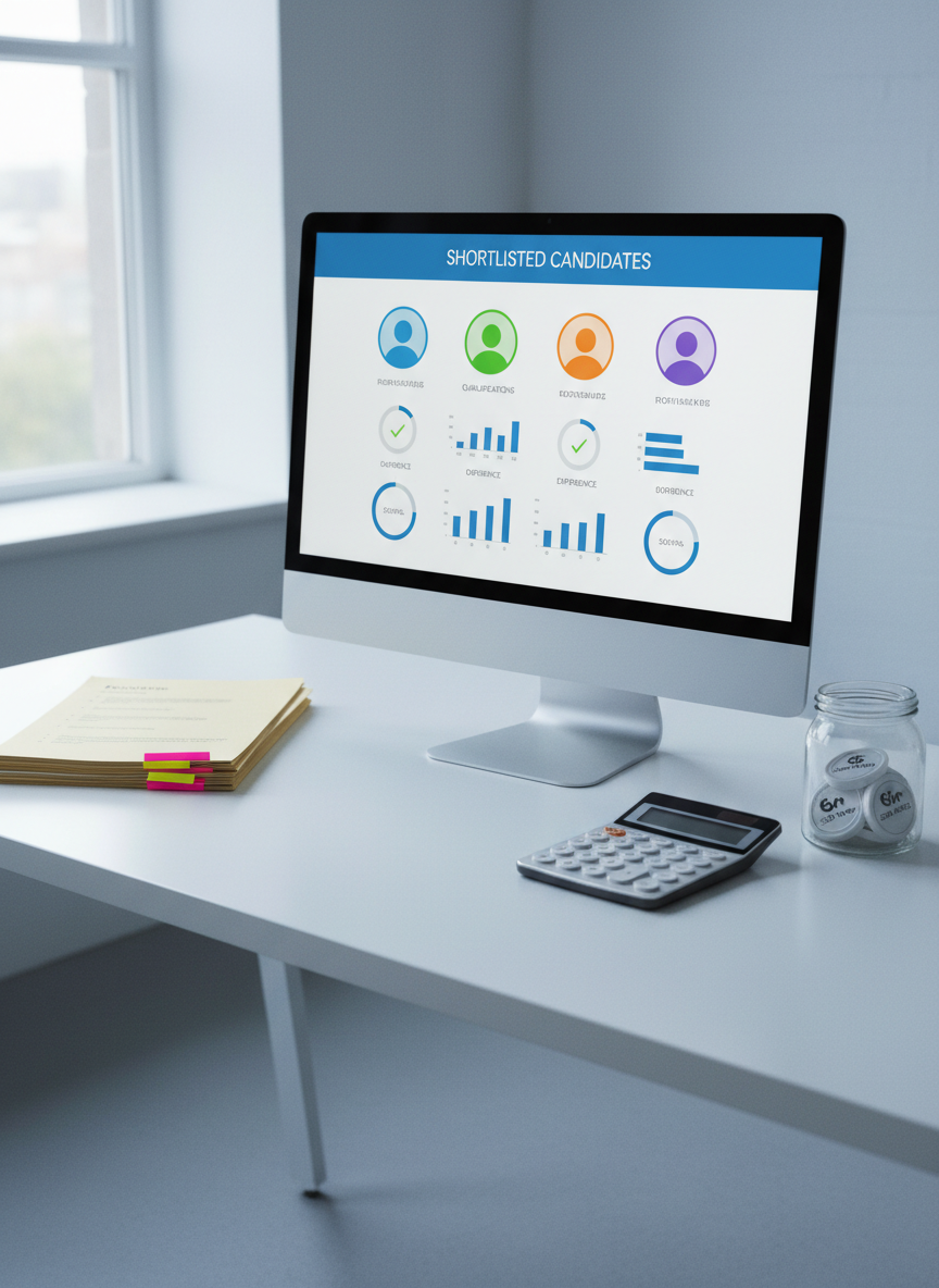 A modern hiring workflow laid out on a wide, matte-white desk: a central high-resolution monitor displays a clean dashboard of shortlisted candidate profiles represented as abstract avatar icons, with clear visual indicators of qualifications and experience. Around it, tidy stacks of printed resumes with highlighted sections, a minimalist calculator, and a transparent jar half-filled with neatly labeled cost-saving tokens emphasize budget efficiency. Cool, diffused light from a nearby window brightens the scene, while subtle shadows add depth. Shot from a slightly elevated angle in photographic realism, the composition feels organized and calm, suggesting a streamlined, low-cost recruitment pipeline that delivers highly qualified candidates with minimal effort from the employer.